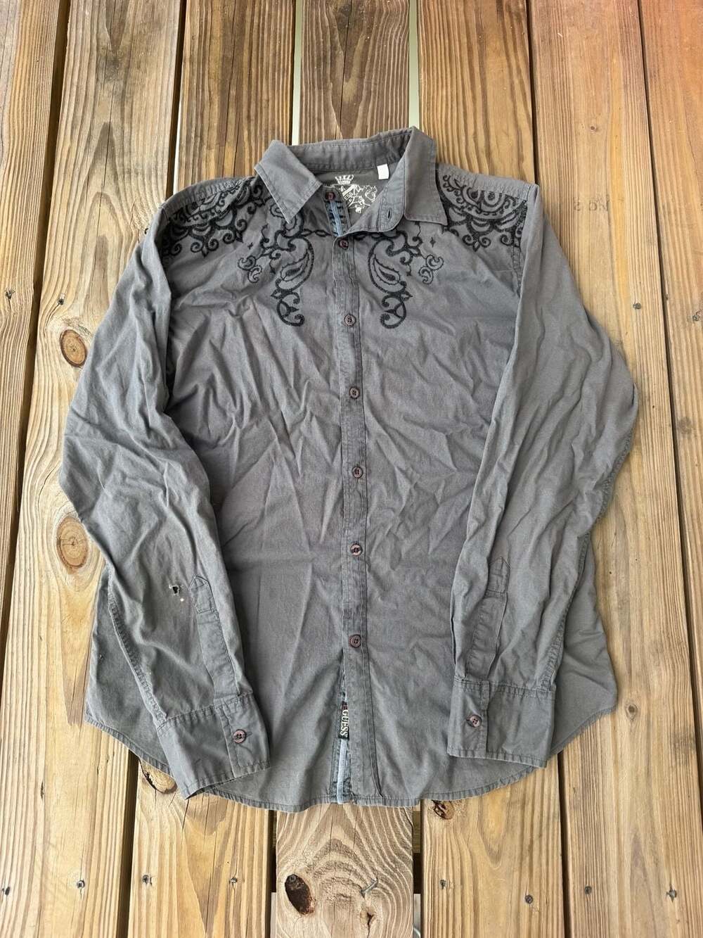 Guess Men's Long Sleeve Button-Up Shirt with Embroidered Paisley Design